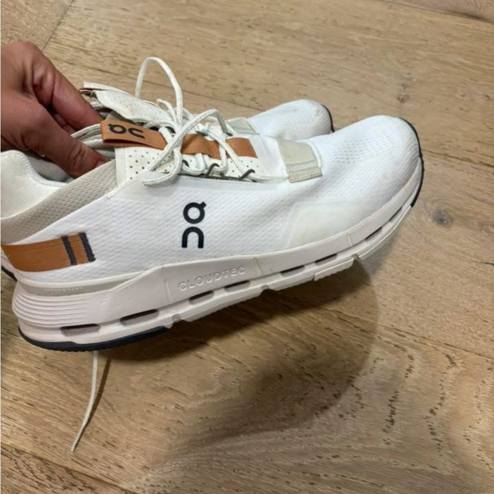 On Running White and Brown Athletic Shoes